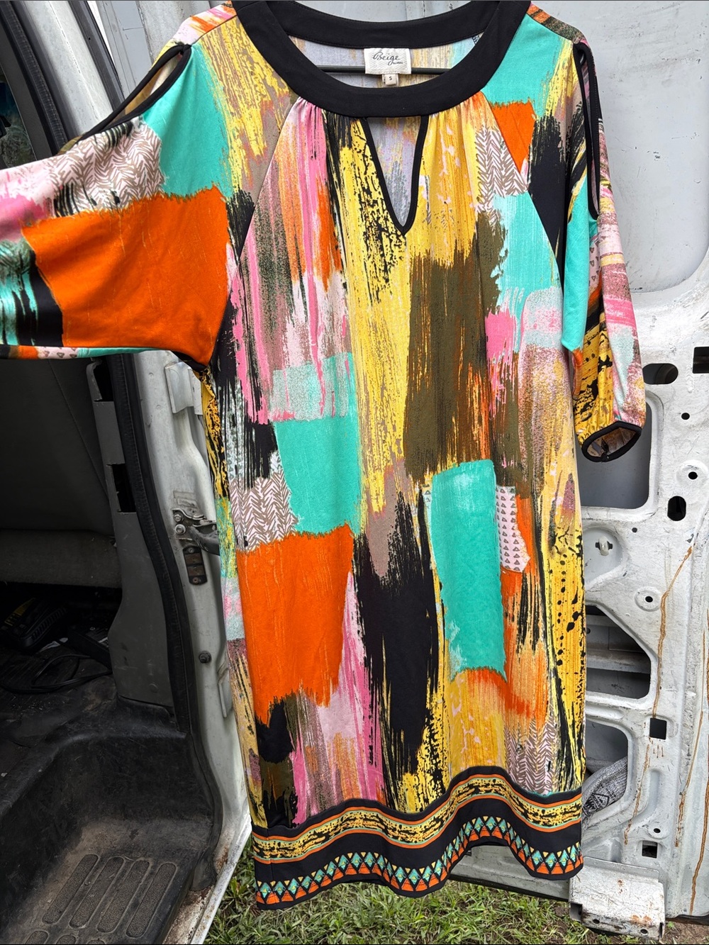 Beige by eci Multicolor Abstract Cold-Shoulder Midi Dress